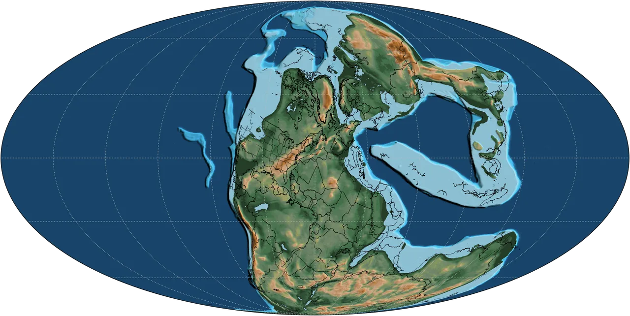 Pangaea süperkıtasının yaklaşık 250 milyon yıl önceki konumunu gösteren harita
