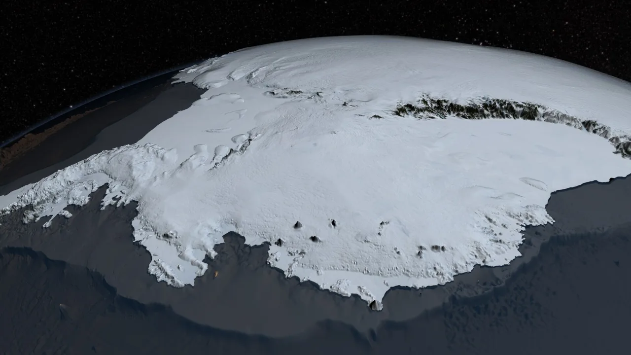 Colored elevation map of the bedrock topography beneath Antarctica's ice sheet