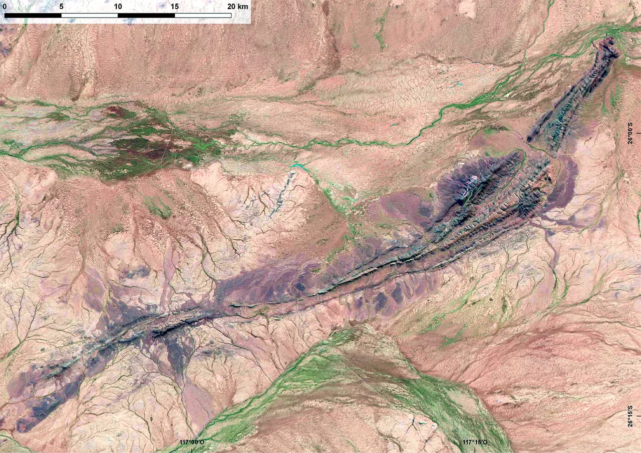 Batı Avustralya'daki Jack Hills bölgesinin Landsat 5 uydu görüntüsü; kuru tepelik manzara