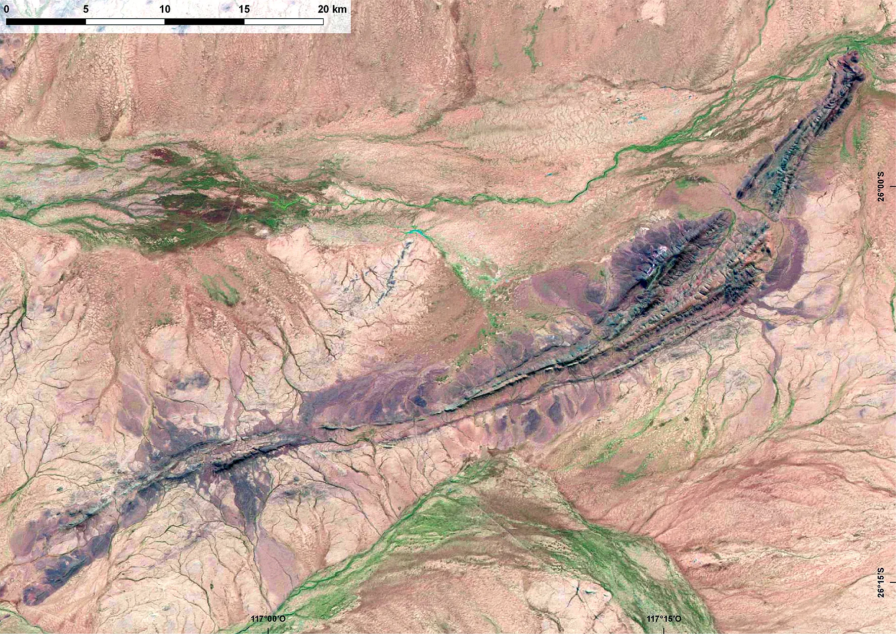 Batı Avustralya'daki Jack Hills bölgesinin Landsat 5 uydu görüntüsü; kuru tepelik manzara