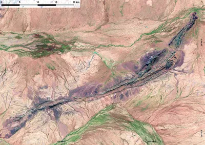Landsat 5 satellite image of the Jack Hills region in Western Australia; arid hill landscape