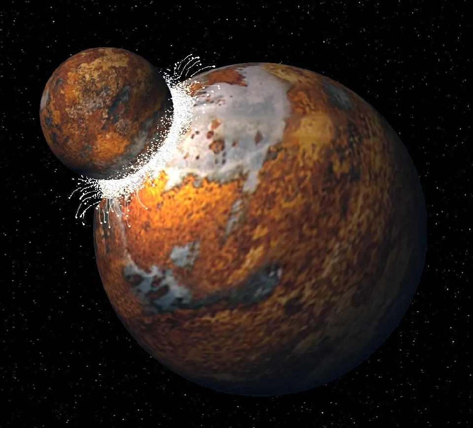 Mars büyüklüğündeki bir gezegenin erken Dünya'ya çarptığı anı gösteren sanat çalışması; çarpışmadan kor halinde malzeme uzaya saçılıyor