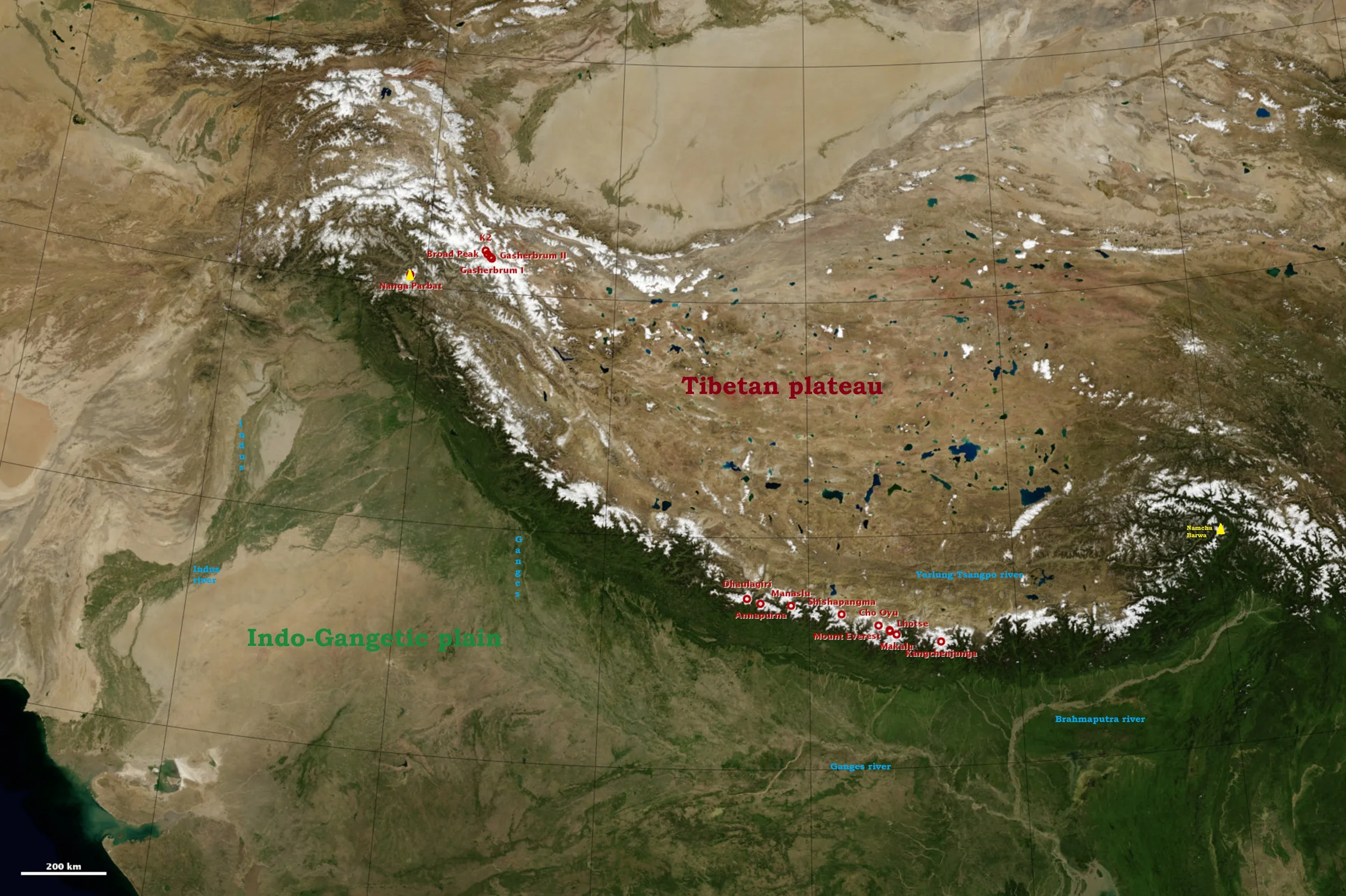 NASA Landsat satellite image of the Himalayas and allied ranges with the eight-thousanders and major rivers labelled