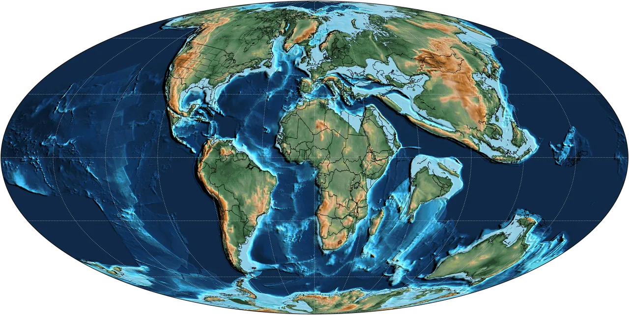 Yaklaşık 60 milyon yıl önceki Geç Paleosen Dünya'sının Mollweide projeksiyonlu paleocoğrafya haritası