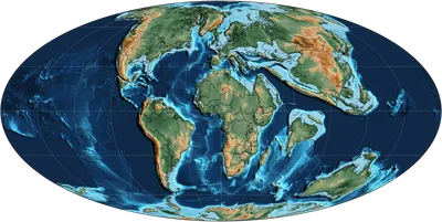 Mollweide paleographic map of Earth in the Late Paleocene, approximately 60 million years ago