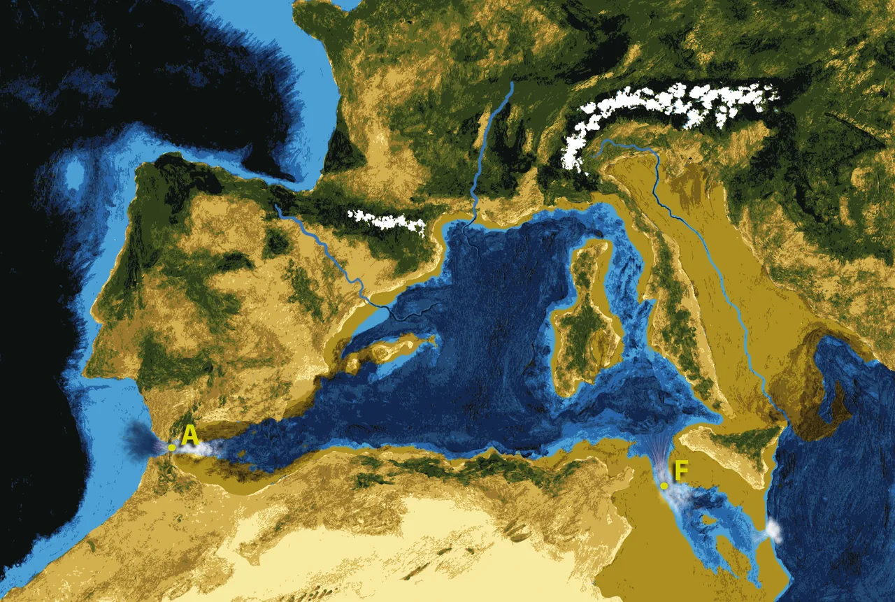 Zanklean Seli'nin sanatçı rekonstrüksiyonu; Atlantik sularının Cebelitarık eşiğini aşıp kurumuş Akdeniz havzasını doldurduğu an