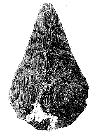 Engraving of a classic Acheulean handaxe in side and top view: a symmetrical, almond-shaped stone tool