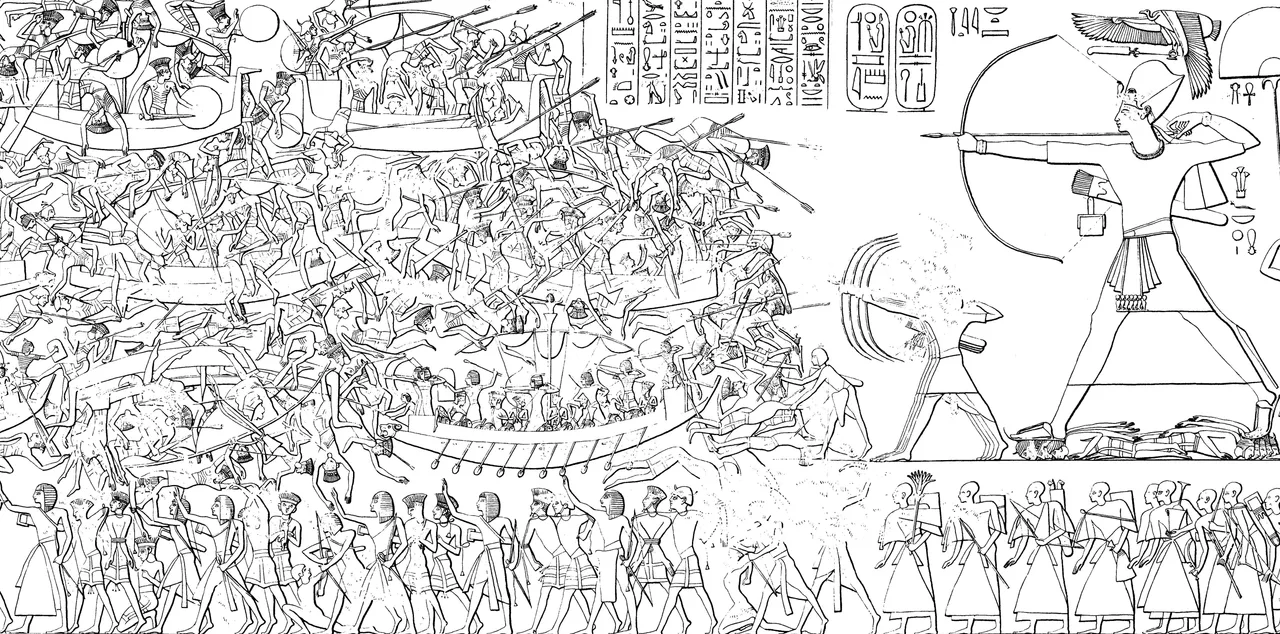 III. Ramses'in Medinet Habu tapınağındaki Deniz Kavimleri savaşını gösteren kabartmanın çizimi; Mısır askerleriyle yabancı savaşçılar deniz ve karada çatışıyor