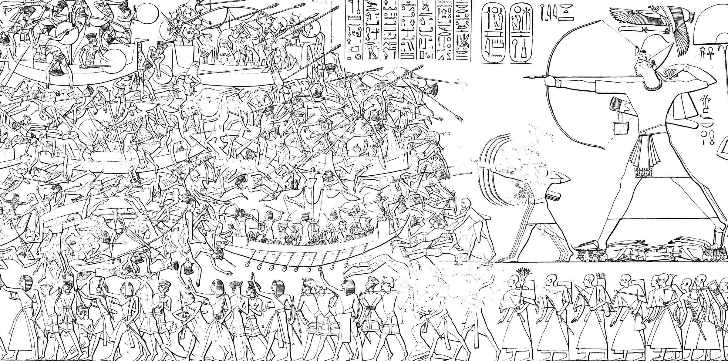 III. Ramses'in Medinet Habu tapınağındaki Deniz Kavimleri savaşını gösteren kabartmanın çizimi; Mısır askerleriyle yabancı savaşçılar deniz ve karada çatışıyor