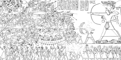 Line drawing of the Medinet Habu temple relief of Ramses III's battle against the Sea Peoples; Egyptian soldiers and foreign warriors clash on sea and land
