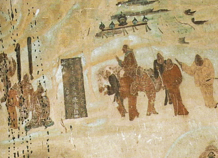 Dunhuang Mogao Mağaraları'ndaki bir Tang dönemi freskinde, atının üzerindeki Zhang Qian'ın Han imparatoru Wu'ya veda edişini gösteren sahne