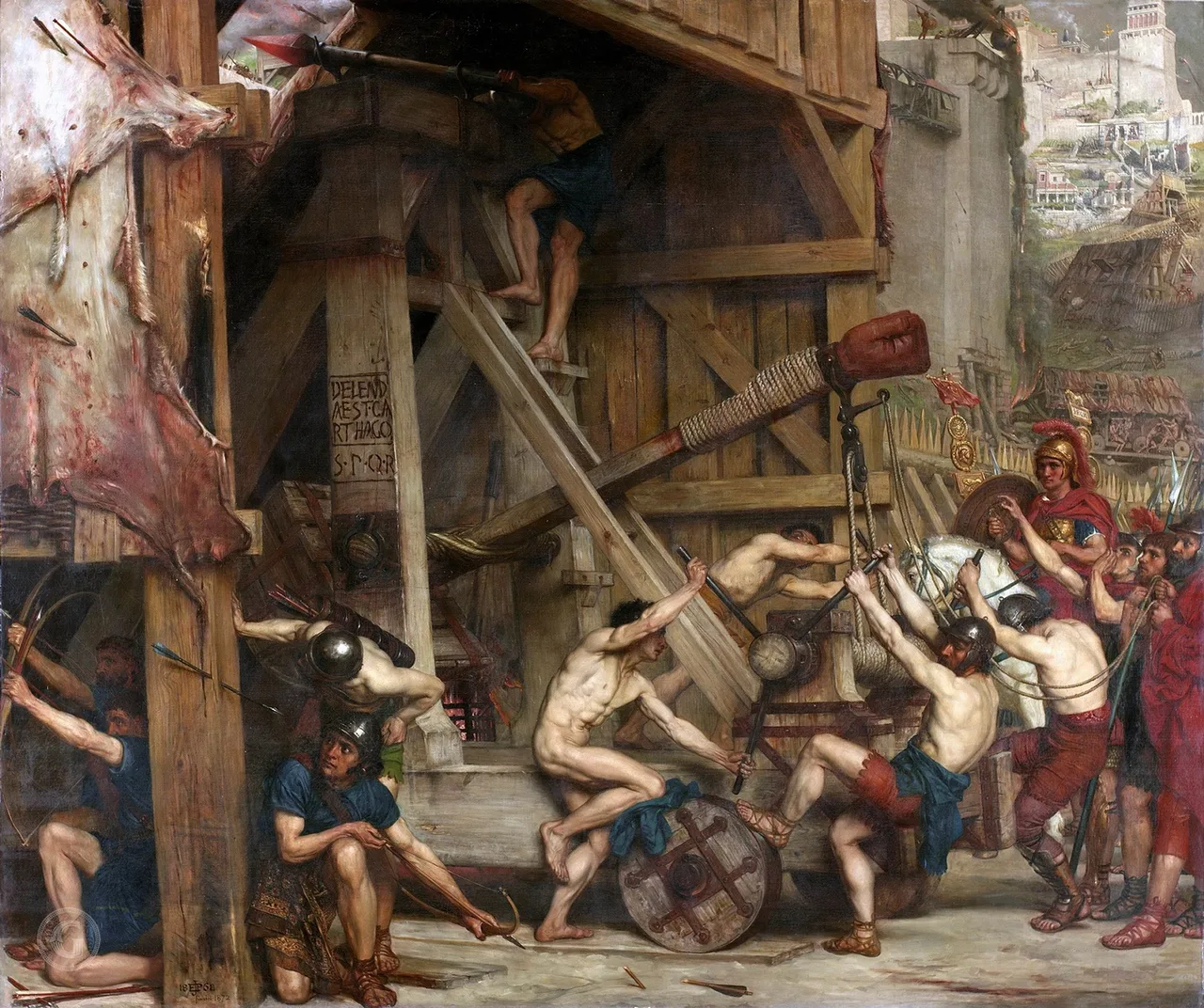 Edward Poynter's 1868 oil painting depicting half-naked Roman soldiers loading a great catapult during the siege of Carthage, with the inscription 'Carthago delenda est' carved on the machine in the background