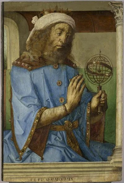 A 1476 engraving depicting Ptolemy with an armillary sphere model showing the celestial spheres