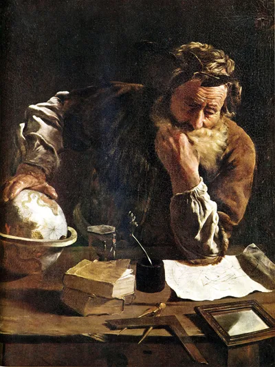 Domenico Fetti's 1620 painting: Archimedes as an elderly man bent over a table, holding a compass, lost in thought