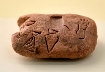 A small pale clay tablet whose surface is divided into compartments; each compartment carries archaic cuneiform signs and counting strokes