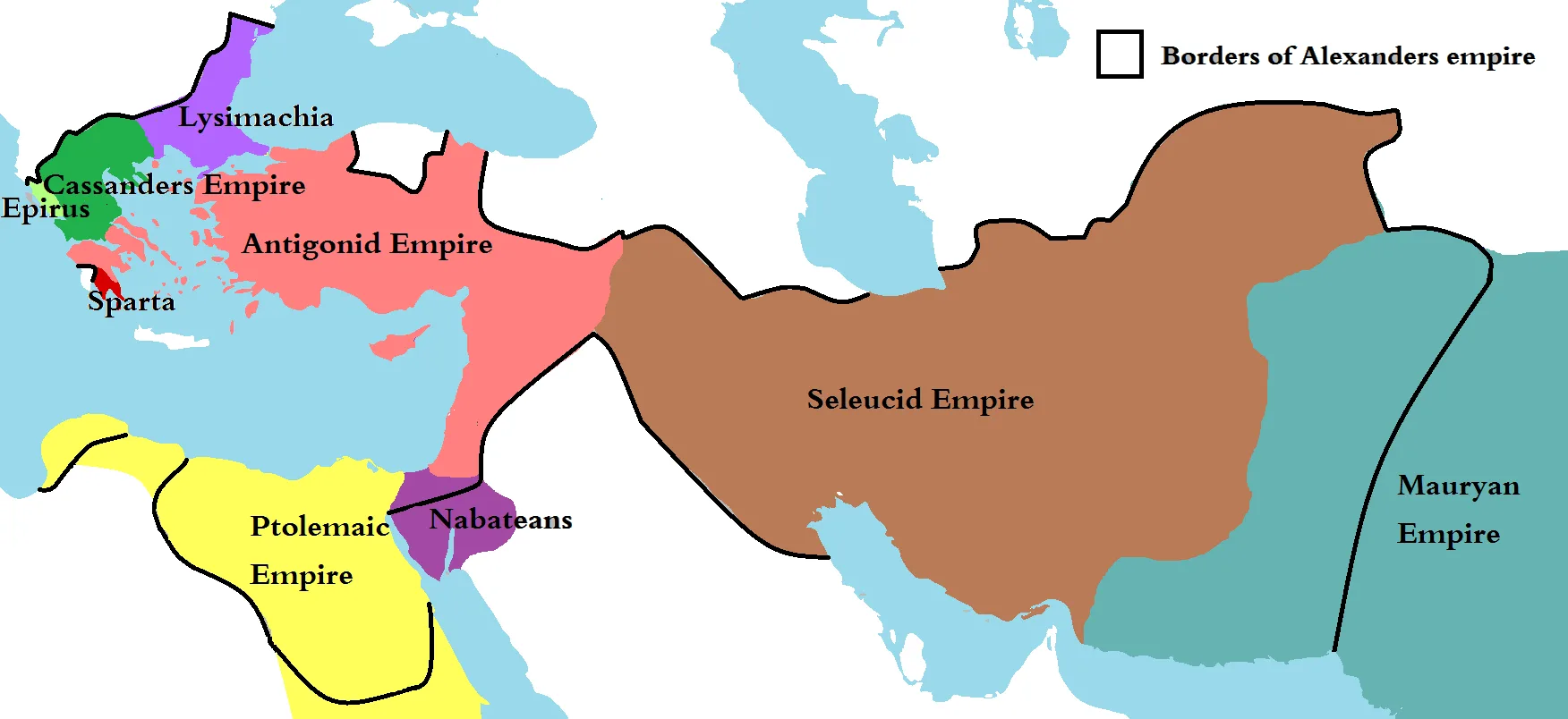 Map showing Alexander's empire outlined in black and the successor Diadochi kingdoms in colour