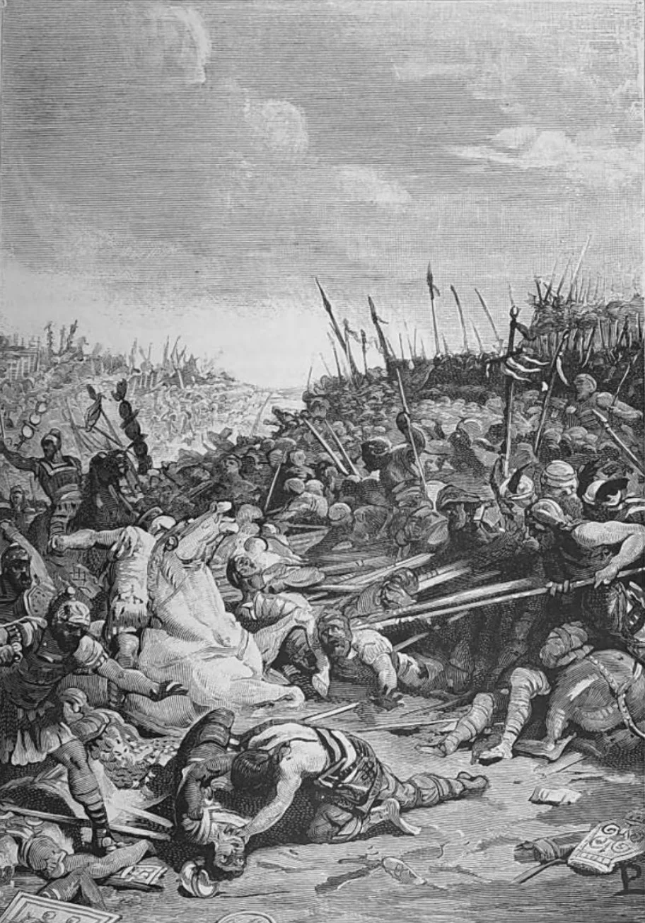 An illustration of the Battle of Adrianople, showing Visigothic cavalry with spears charging down a hill onto Roman infantry