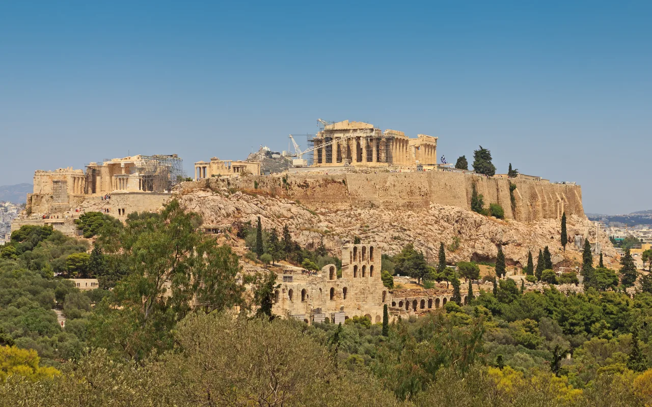 View of the Athenian Acropolis from Philopappos Hill, with the Parthenon at the centre