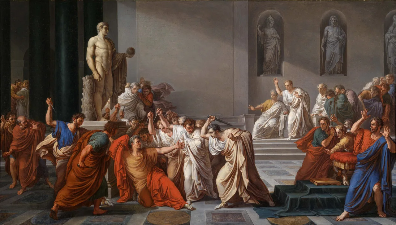 Neoclassical oil painting of Julius Caesar in a white toga surrounded by a group of senators drawing daggers