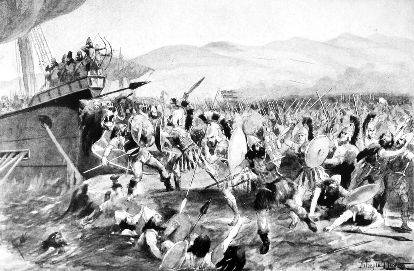 Marathon Savaşı'nı resmeden 19. yüzyıl tablosu; ön planda Yunan hoplitleri savaşıyor