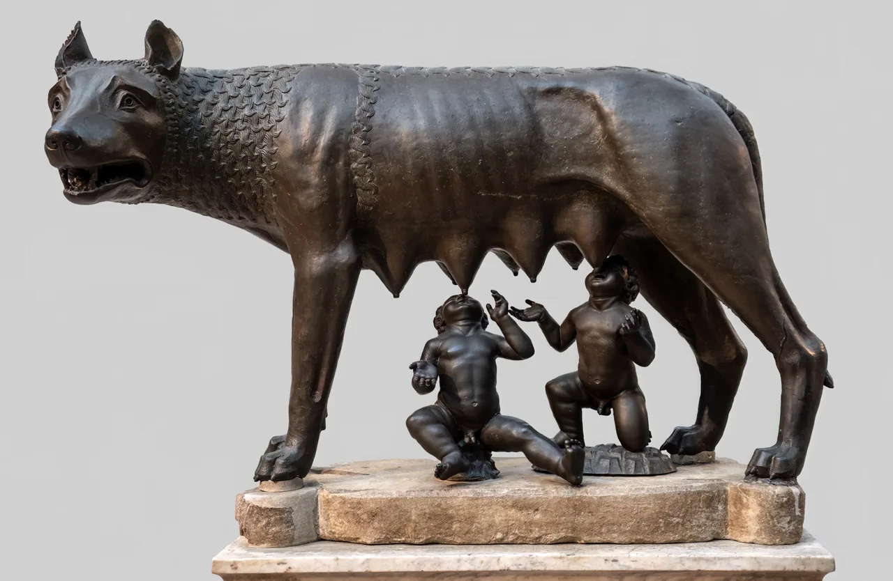 Lupa Capitolina: bronz dişi kurt heykeli, altında onu emzirdiği iki bebek (Romulus ve Remus) figürüyle birlikte
