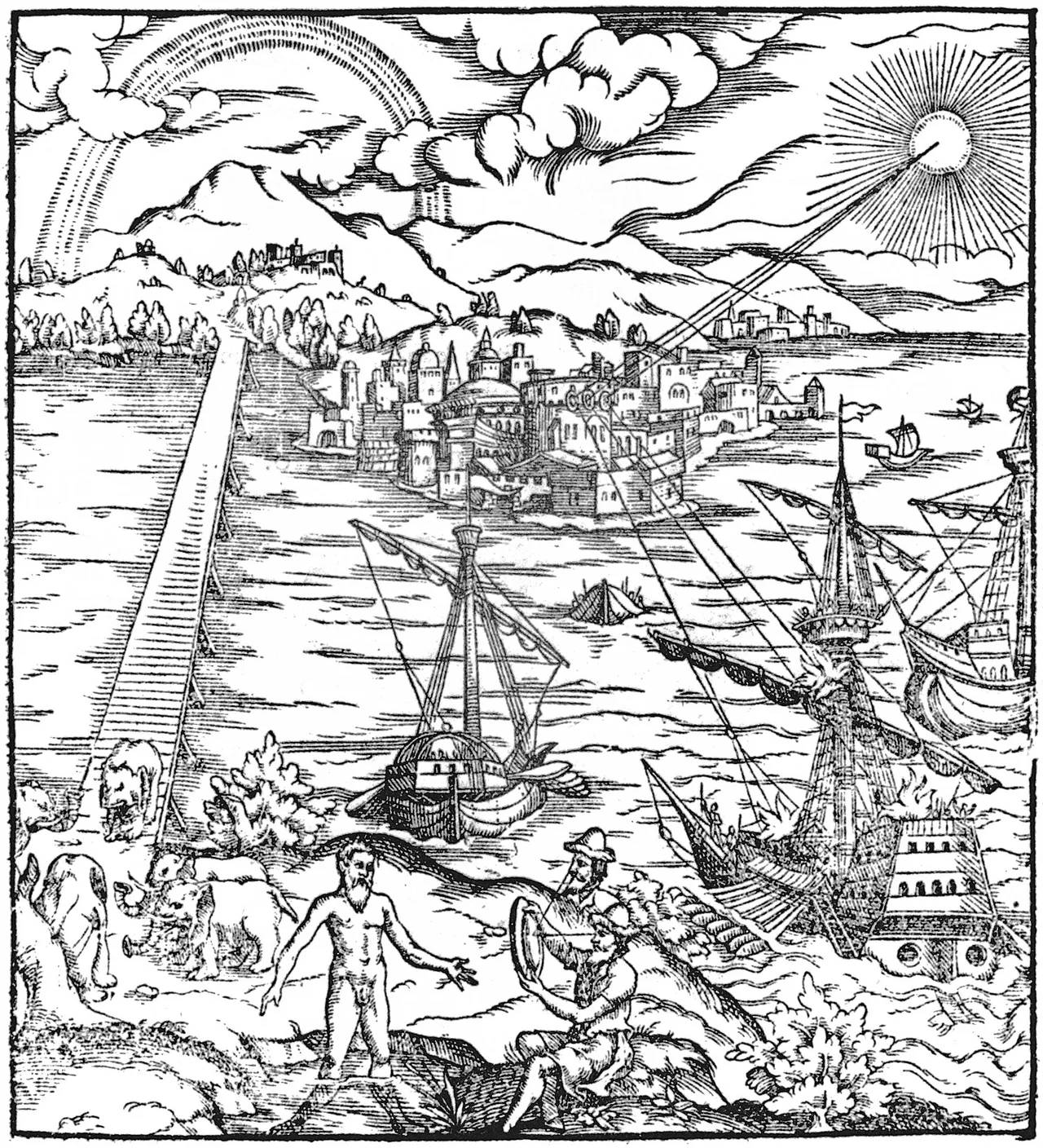 Engraved title page of Opticae Thesaurus: a scene of ships set afire by a distant mirror (Archimedes), a rainbow, refracting light rays, and examples of architectural perspective