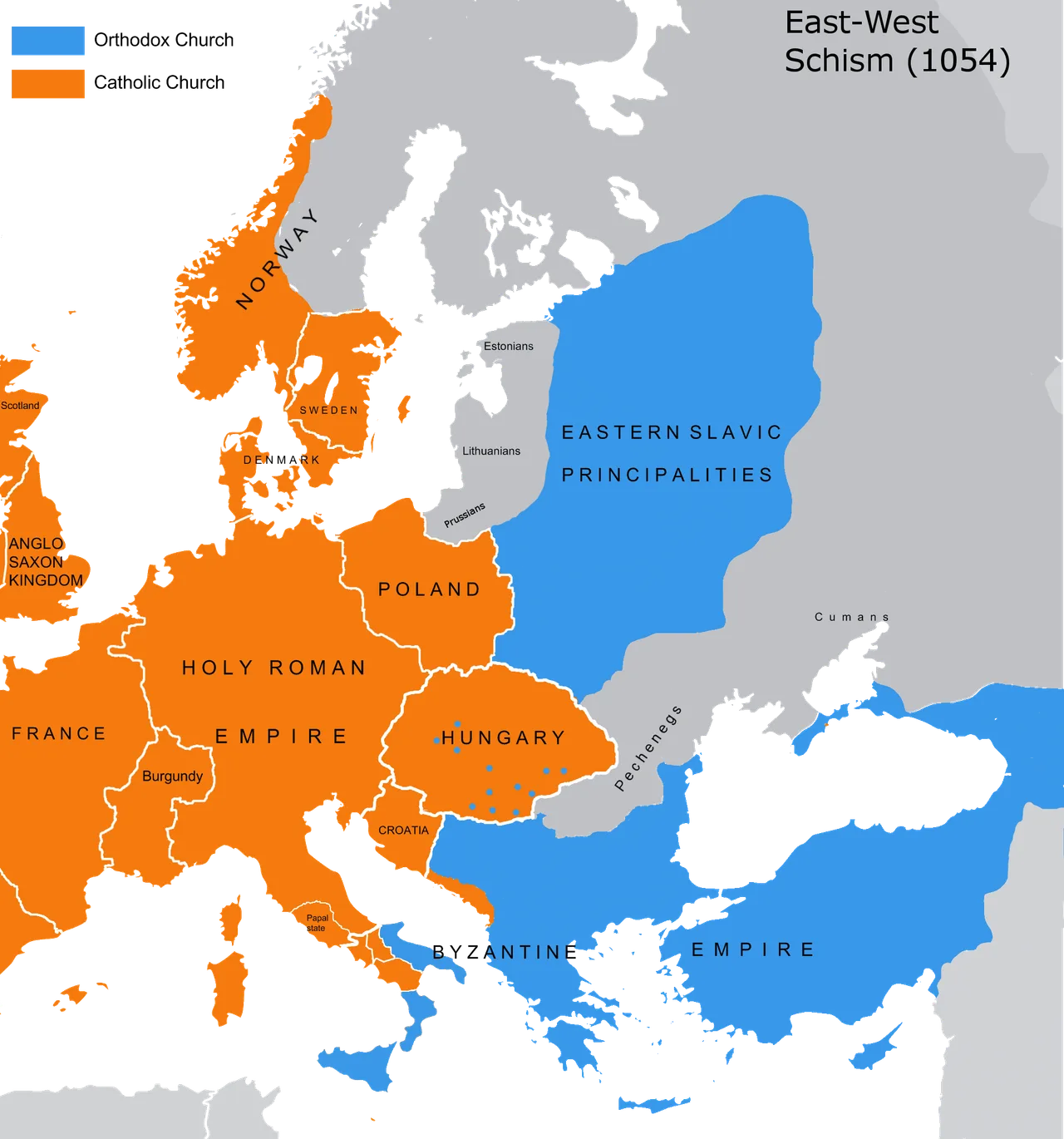A map showing Christendom in 1054 divided in two colours into West (Catholic) and East (Orthodox)