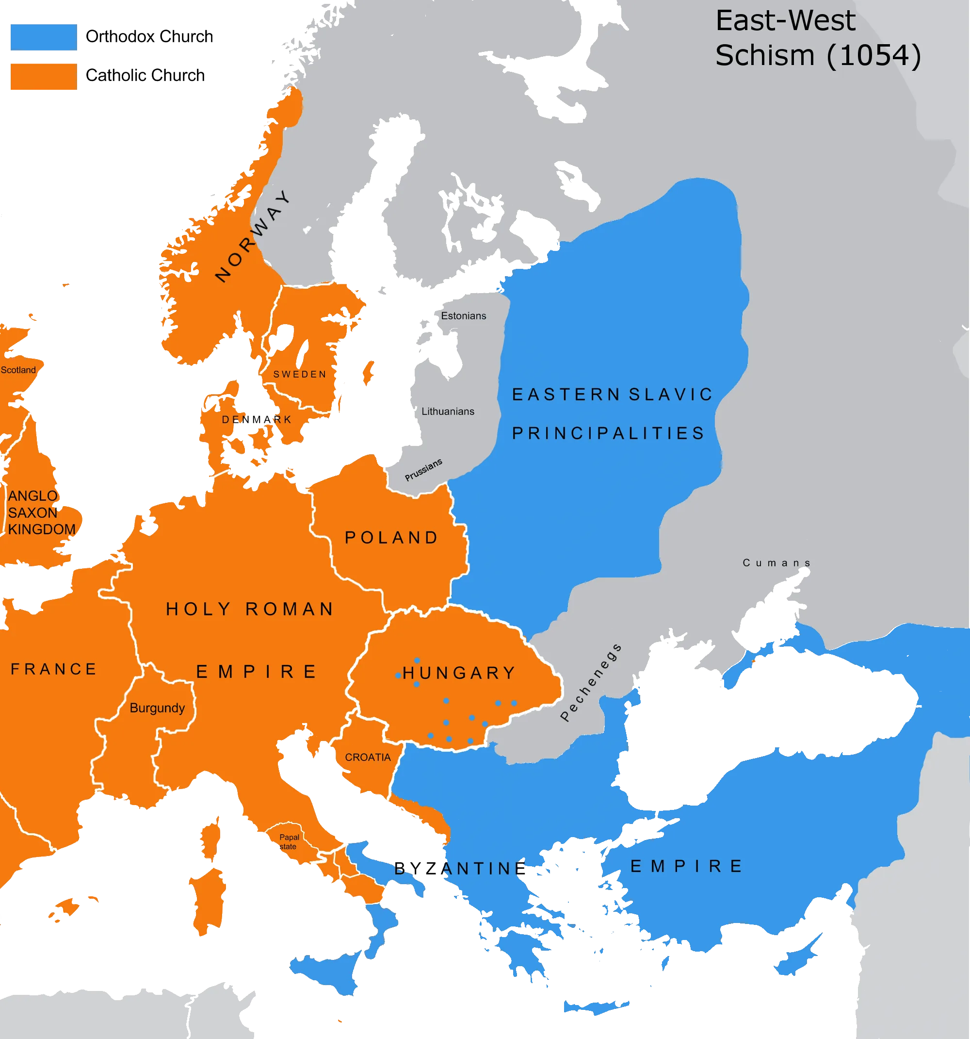 A map showing Christendom in 1054 divided in two colours into West (Catholic) and East (Orthodox)