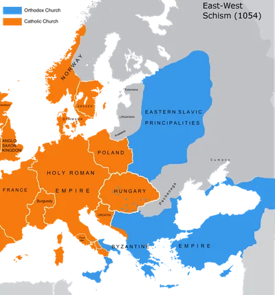 A map showing Christendom in 1054 divided in two colours into West (Catholic) and East (Orthodox)