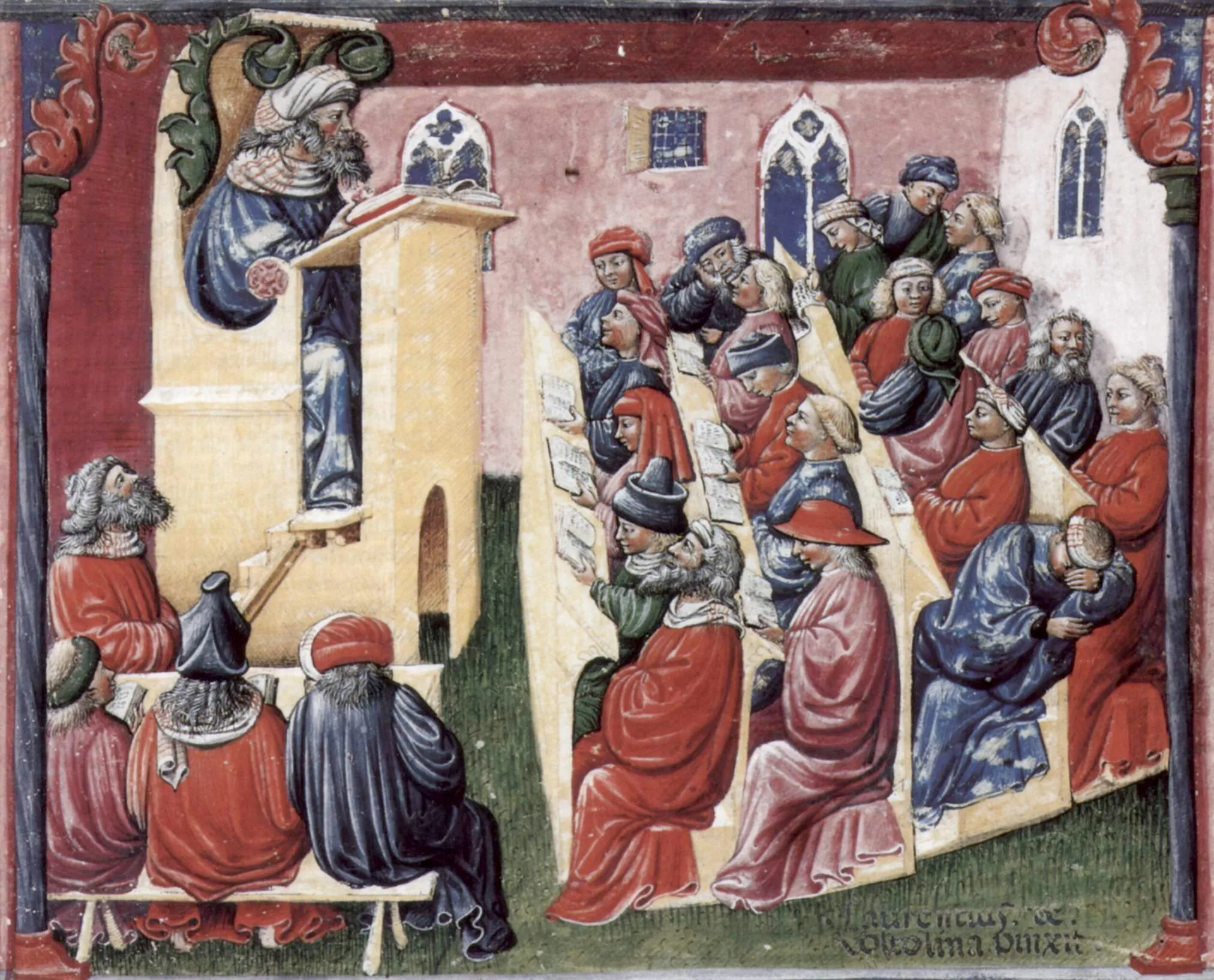 A 14th-century illumination of a lecture at the University of Bologna: the professor at a high lectern, students seated below with open books, some talking, some listening