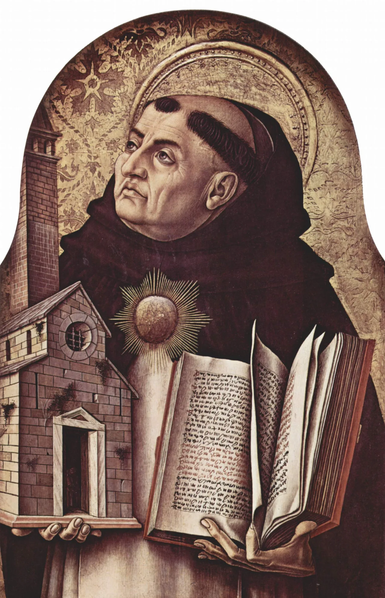 Carlo Crivelli's panel painting of Thomas Aquinas holding a book, against a gilded background