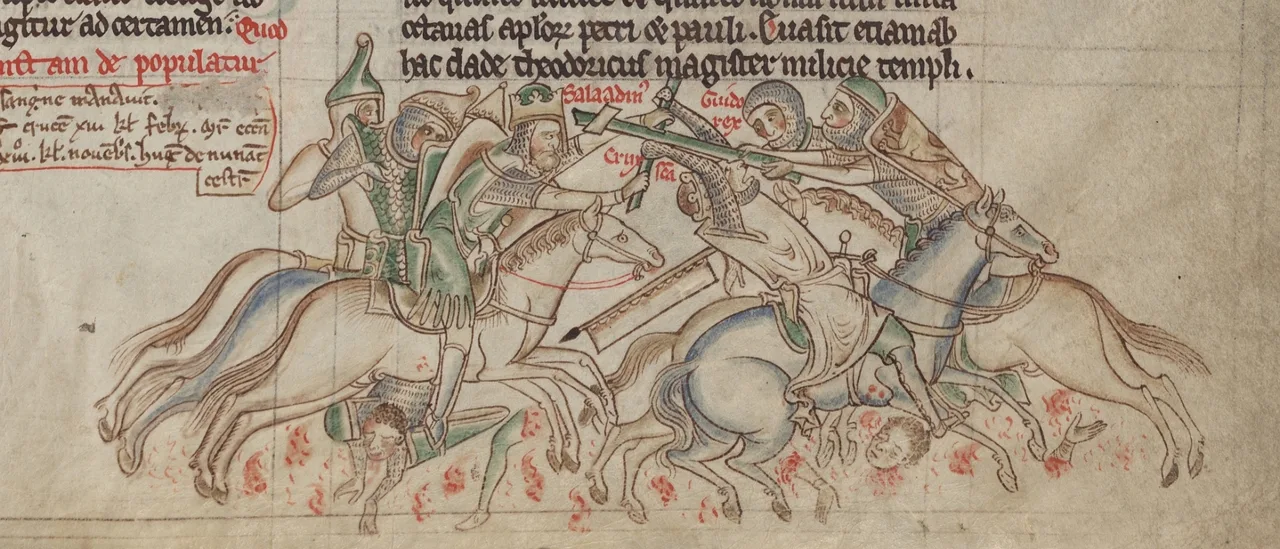 A medieval miniature showing two crowned figures: Saladin on the left and the captured King Guy of Jerusalem on the right, depicting a moment between them