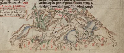 A medieval miniature showing two crowned figures: Saladin on the left and the captured King Guy of Jerusalem on the right, depicting a moment between them