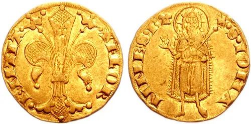 1347 tarihli bir Floransa florini: bir yüzünde Floransa zambağı, diğer yüzünde Vaftizci Yahya figürü bulunan altın sikke