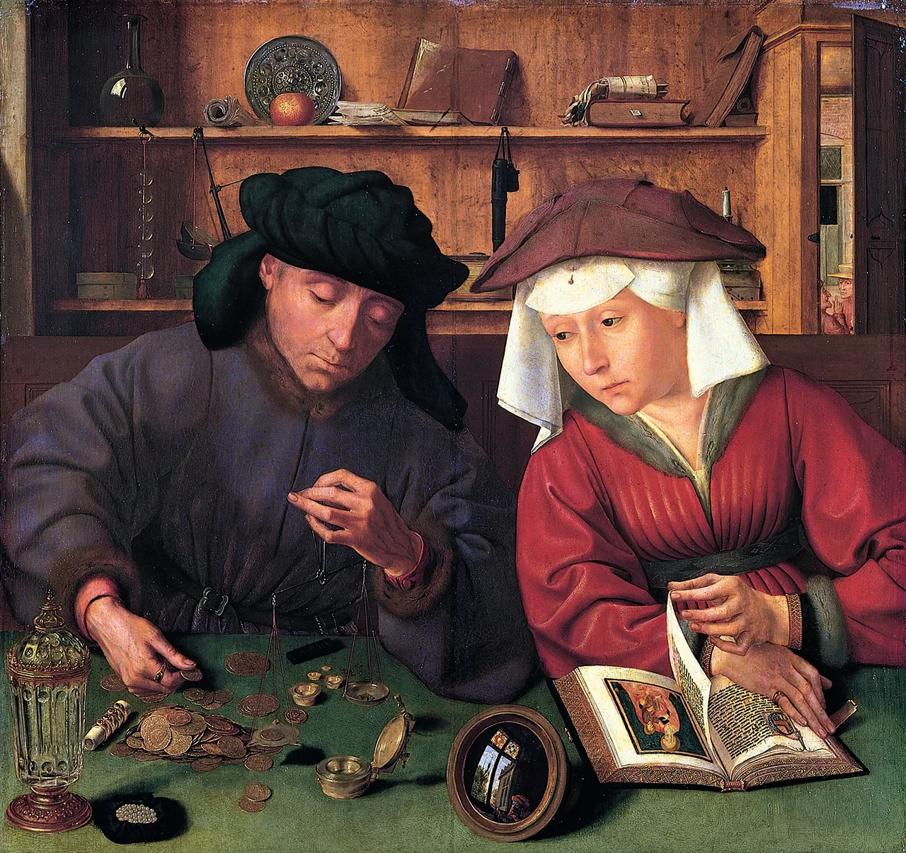 Quinten Metsys'in 1514 tarihli 'Tefeci ve Karısı' tablosu: terazide altın sikke tartan tüccarı ve önündeki dua kitabından bakışlarını ona çeviren karısını gösterir