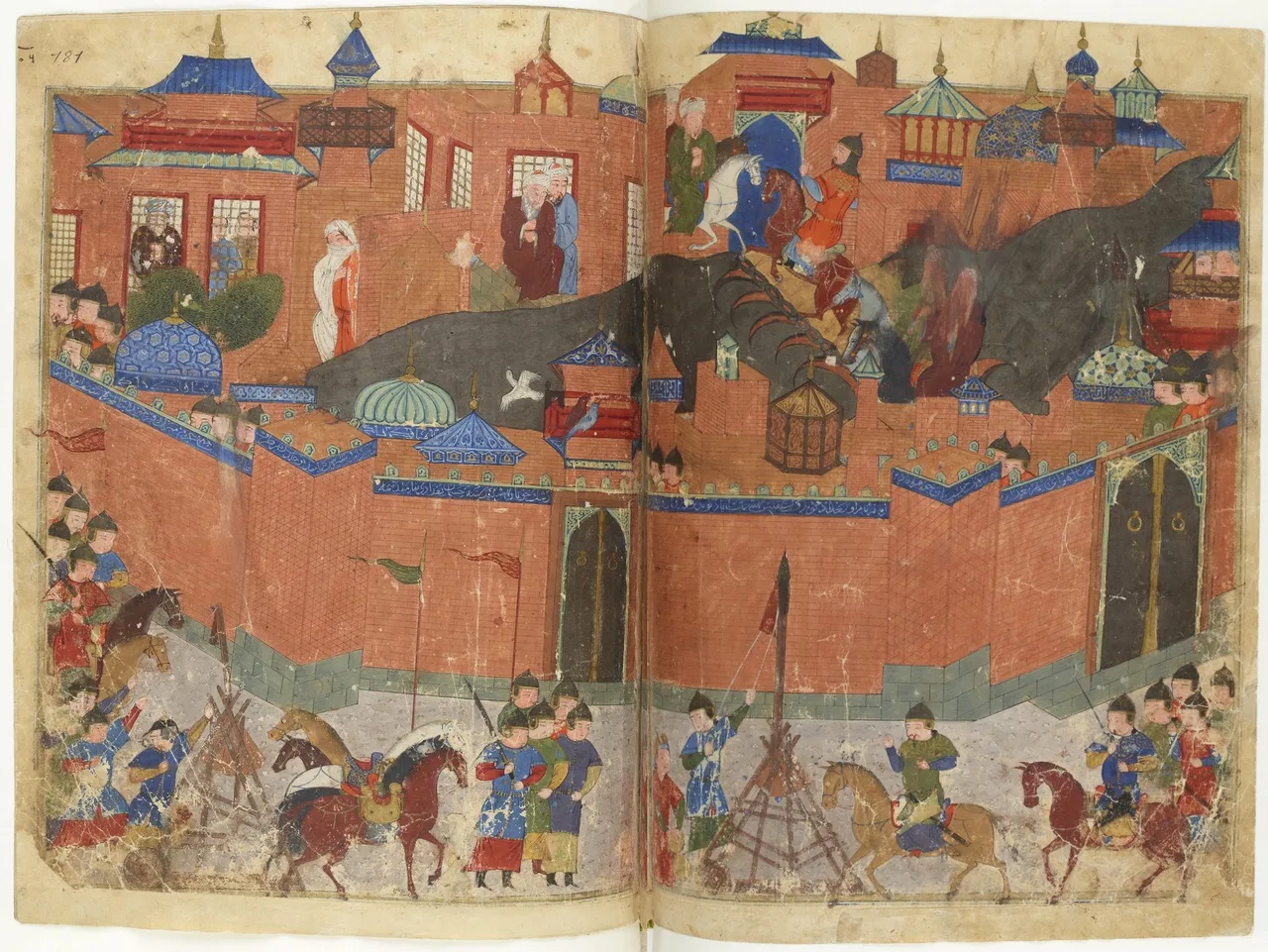 A medieval miniature of the Mongol army besieging the walls of Baghdad: mounted archers before the walls, the city's towers and its defenders