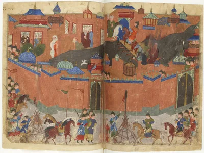 A medieval miniature of the Mongol army besieging the walls of Baghdad: mounted archers before the walls, the city's towers and its defenders