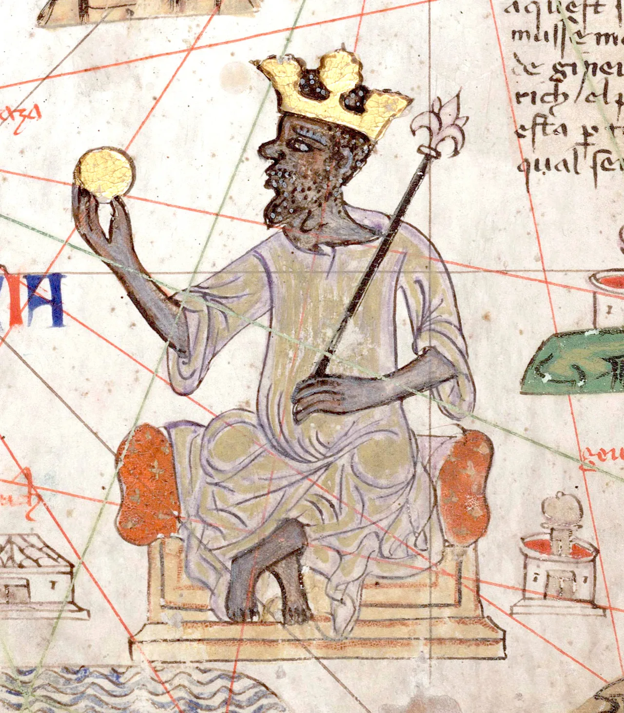 A detail from the 1375 Catalan Atlas: Mansa Musa seated on his throne, wearing a gold crown and holding a gold nugget