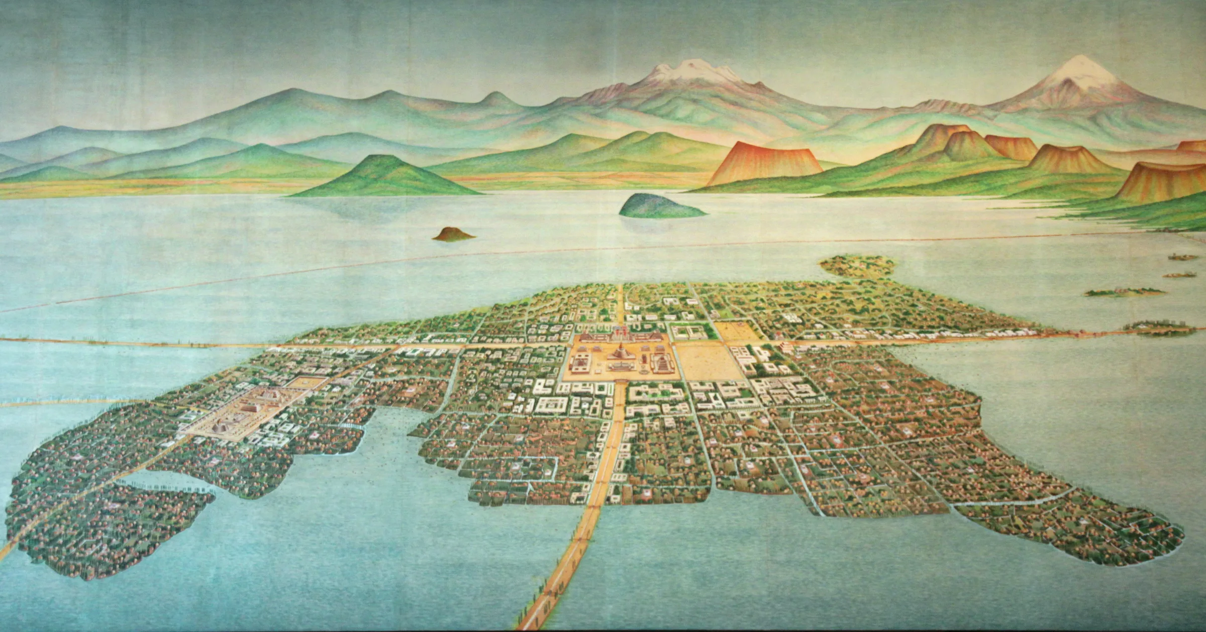 A painting showing a bird's-eye view of the city of Tenochtitlan in the middle of Lake Texcoco: an island-city linked to the mainland by causeways, divided by canals, with temples at its centre