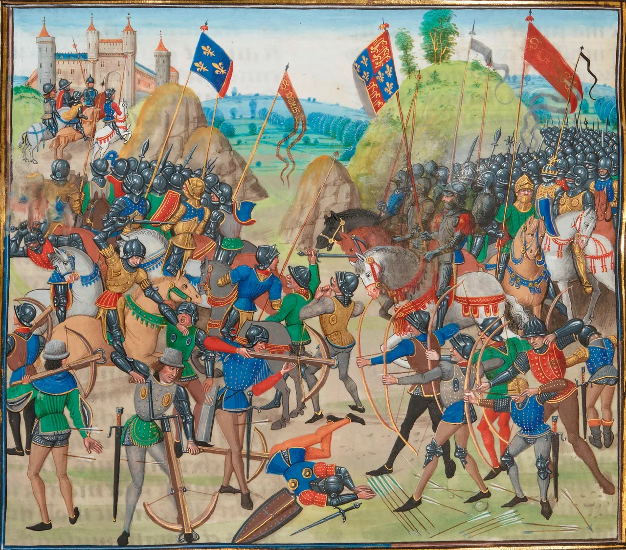 Medieval miniature: English longbowmen on the left fire on French crossbowmen and armoured knights on the right, with fallen horses and dead knights on the ground