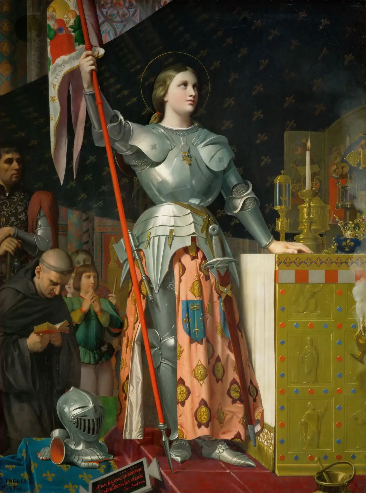 Ingres'in 1854 tarihli yağlıboya resmi: zırhlı bir genç kadın, sancağı kaldırarak Reims Katedrali içinde Charles VII'nin taç giyme töreninde duruyor