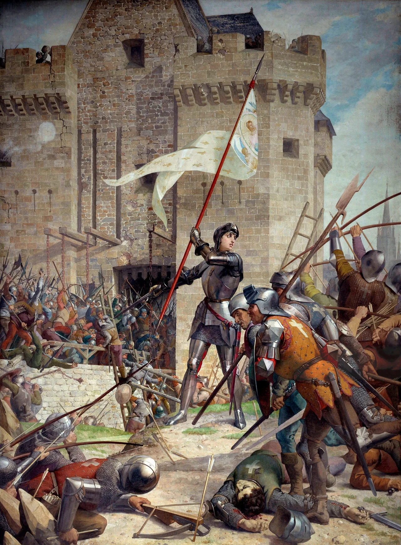 Panthéon'daki anıtsal duvar resmi: beyaz zırhlı Jeanne d'Arc, beyaz atı üzerinde Orléans surlarının önünde sancağıyla resmedilmiştir