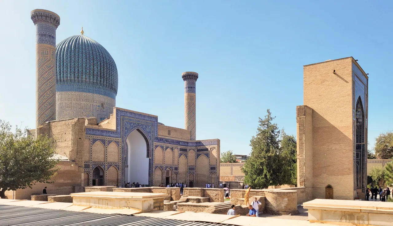 The turquoise dome and entrance iwan of the Gur-e Amir Mausoleum in Samarkand