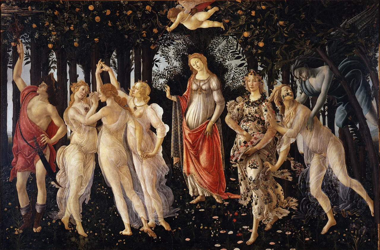 Botticelli'nin Primavera tablosu: portakal ağaçlarından oluşan koyu yeşil bir koruda dokuz mitolojik figür; ortada Venüs, solunda Üç Güzeller dans ediyor, sağda Zefiros Khloris'i tutuyor
