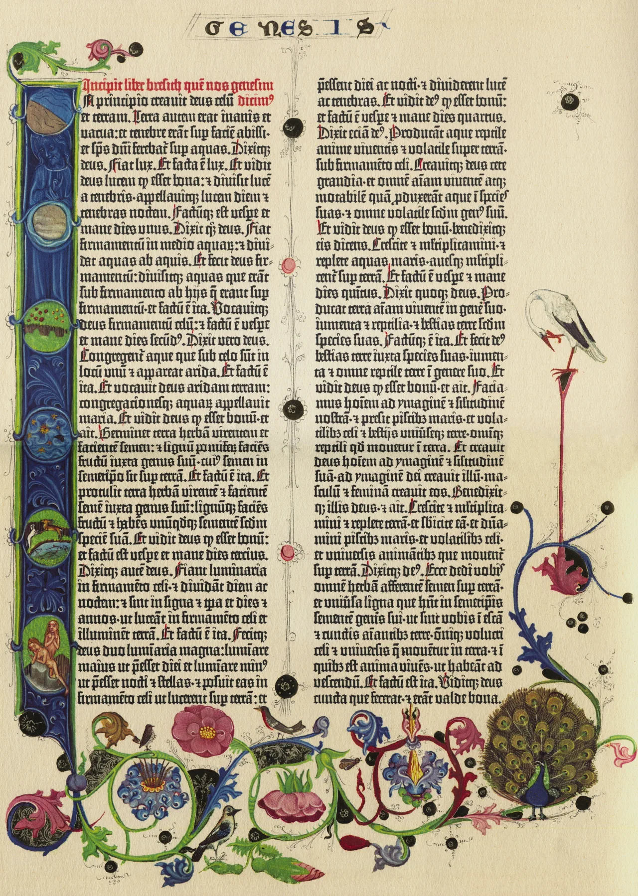 Gutenberg İncili'nin Yaratılış (Genesis) bölümünün açılış sayfası; iki sütun siyah Latin metinle dolu, sayfanın başında elle boyanmış renkli süslü ilk harf bulunuyor