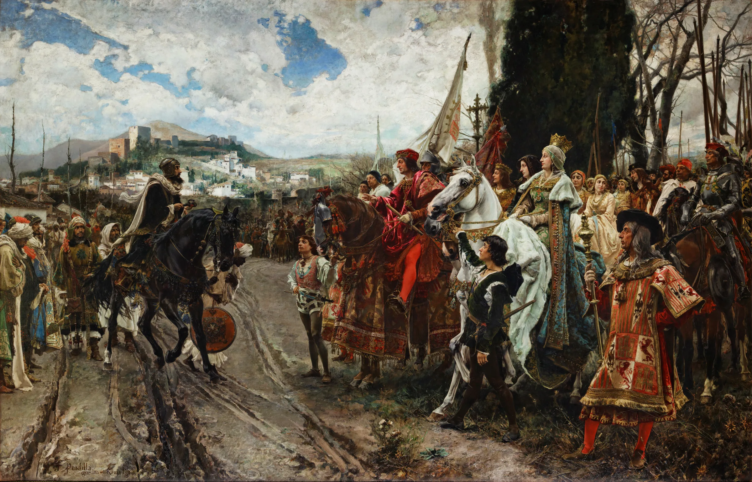 A large history painting of the surrender of Granada: mounted monarchs, banners, and the Alhambra behind them