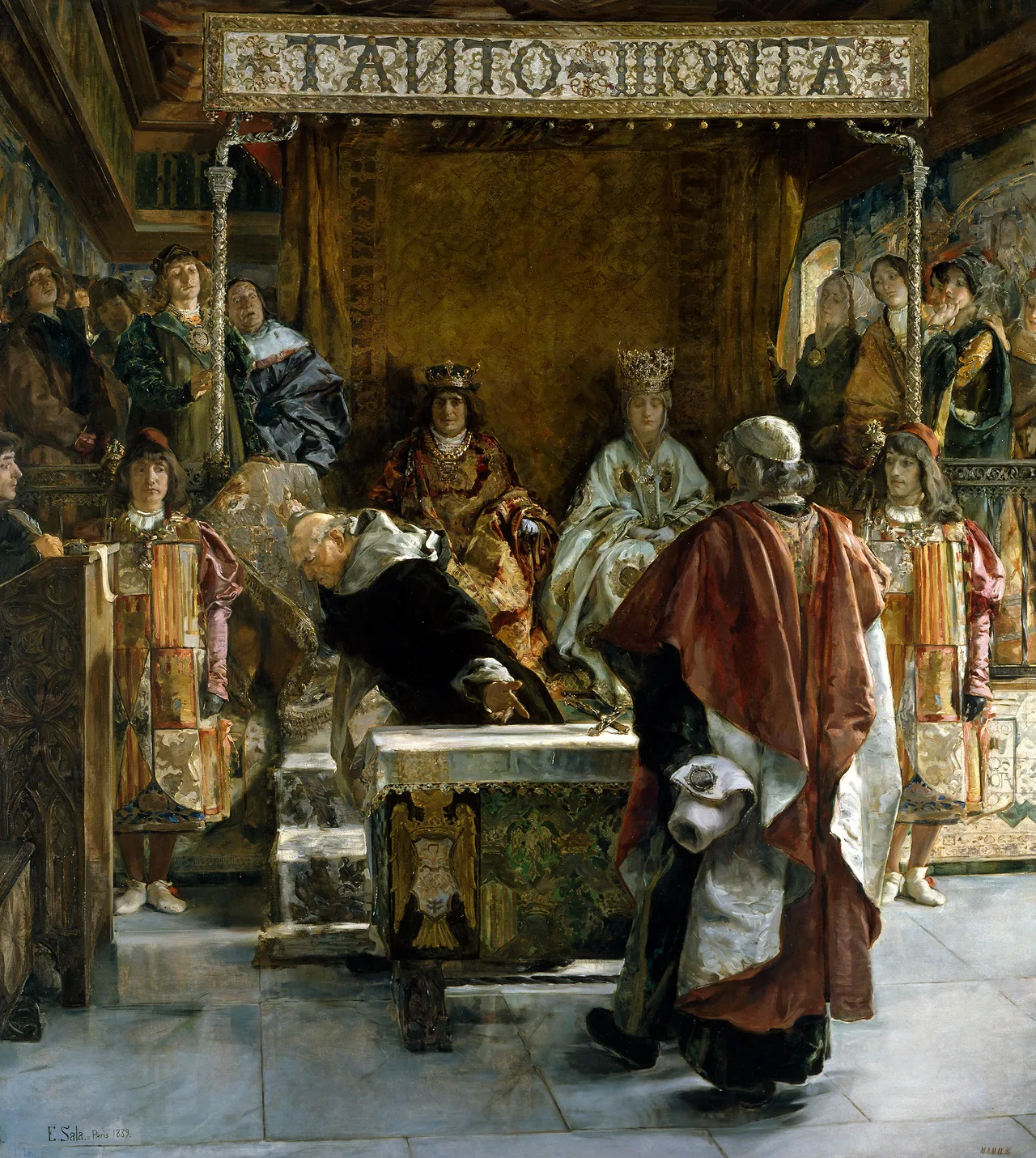 A nineteenth-century painting of the expulsion of the Jews: clerics and monarchs in dispute inside a palace