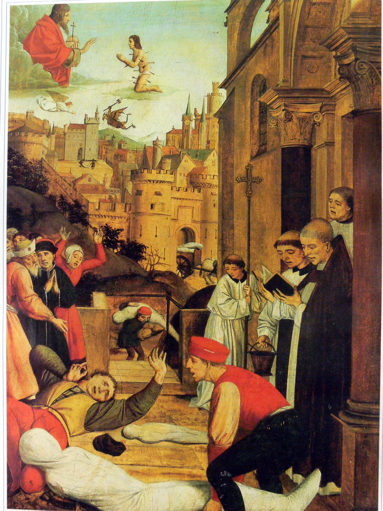 A late 15th-century panel by Provençal painter Josse Lieferinxe shows Saint Sebastian interceding for a plague victim in a cemetery where shrouded dead are being buried, with city rooftops in the background