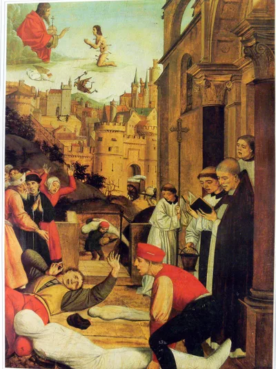 A late 15th-century panel by Provençal painter Josse Lieferinxe shows Saint Sebastian interceding for a plague victim in a cemetery where shrouded dead are being buried, with city rooftops in the background