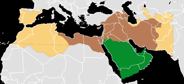 Hilafet topraklarının üç renkle gösterildiği harita: Hz. Muhammed dönemi, Raşidun halifeleri dönemi ve Emevi dönemi; alan İspanya'dan Sind'e, Orta Asya'dan Yemen'e uzanır